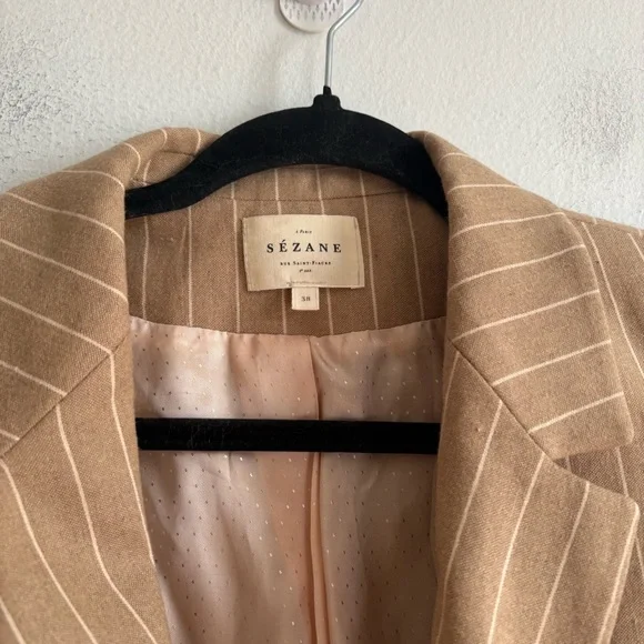 Sezane Sz 6 (38) Michele Tan Pin Stripes Double Breasted Wool Blend Blazer - Picture 4 of 8